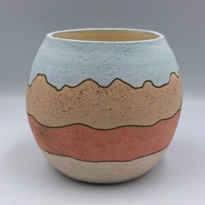 VTG Native American AZ Navajo Hand Molded & Painted Pueblo Scene Vase Signed